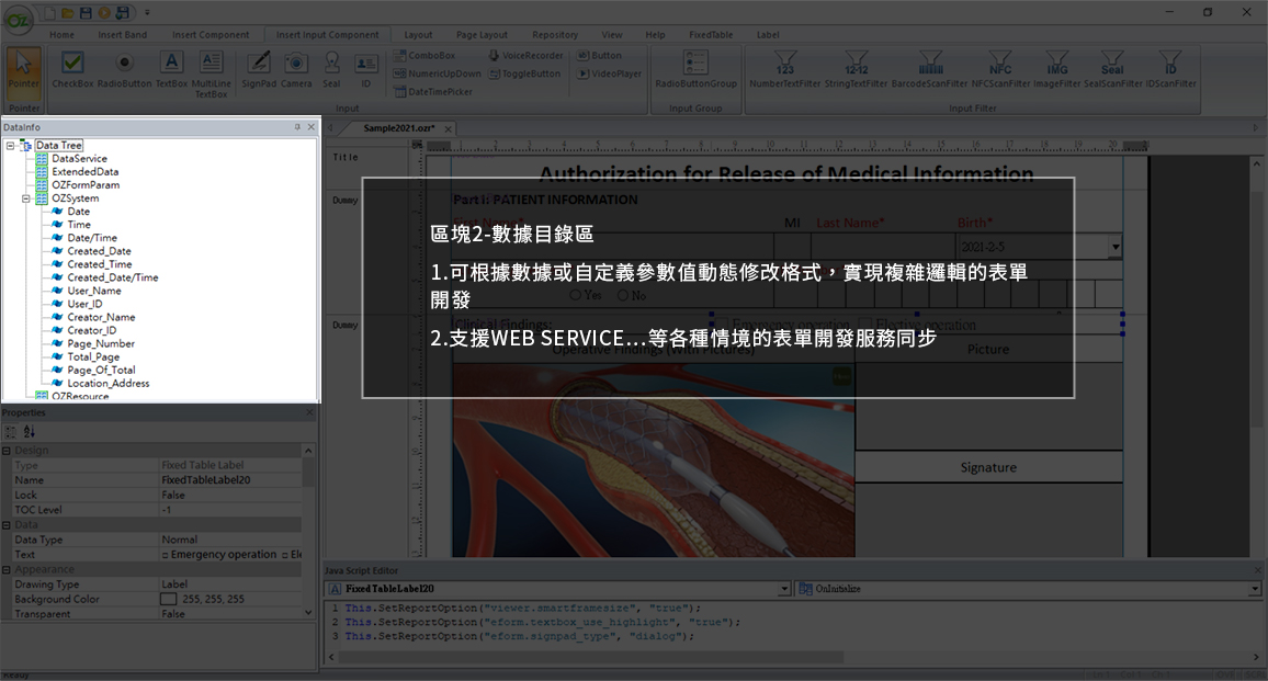 OZ eform designer 參數列表區